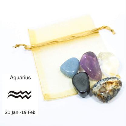 Aquarius Crystal Bundle: Amethyst, Angelite, Dendretic Agate, Clear Quartz, and Hematite