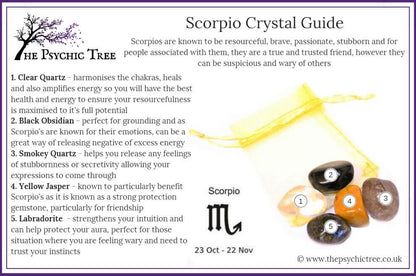 Scorpio Crystal Guide for Scorpio star sign crystal bundle: Clear Quartz, Yellow Jasper, Labradorite, Black Obsidian, and Smokey Quartz
