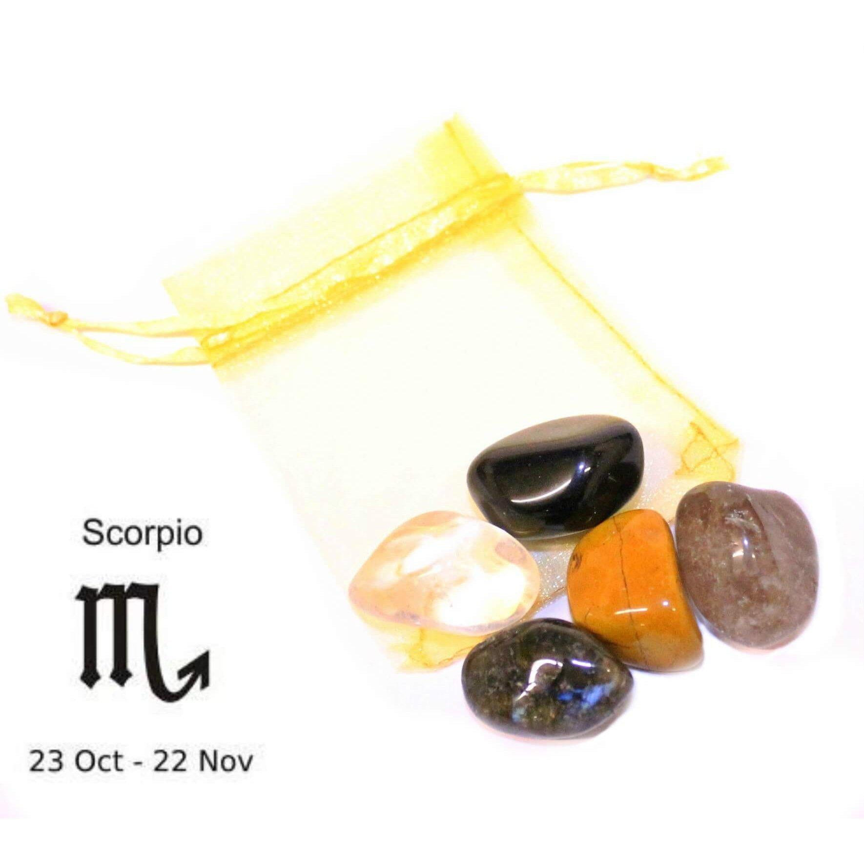 Scorpio star sign crystal bundle: Clear Quartz, Yellow Jasper, Labradorite, Black Obsidian, and Smokey Quartz