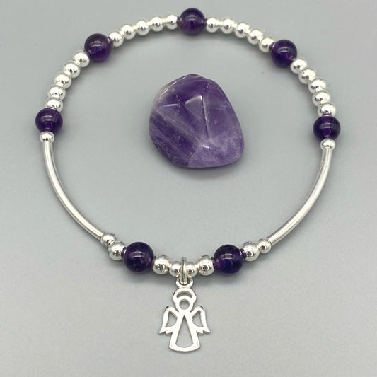 Angel Charm Amethyst Healing Crystal Women's Sterling Silver Stacking Bracelet by My Silver Wish