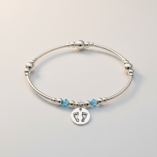 Baby boy footprint charm sterling silver hand-made women's stacking bracelet by My Silver Wish