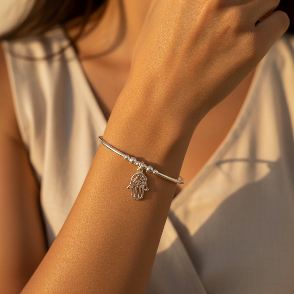 Woman wearing a Hamsa hand charm chakra crystal sterling silver stacking bracelet for her by My Silver Wish