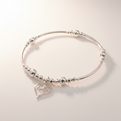 Scroll heart charm sterling silver hand-made women's stacking bracelet by My Silver Wish