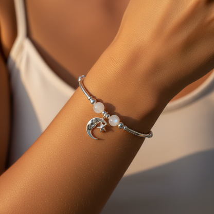 Moon & star charm & moonstone women's sterling silver stacking bracelet