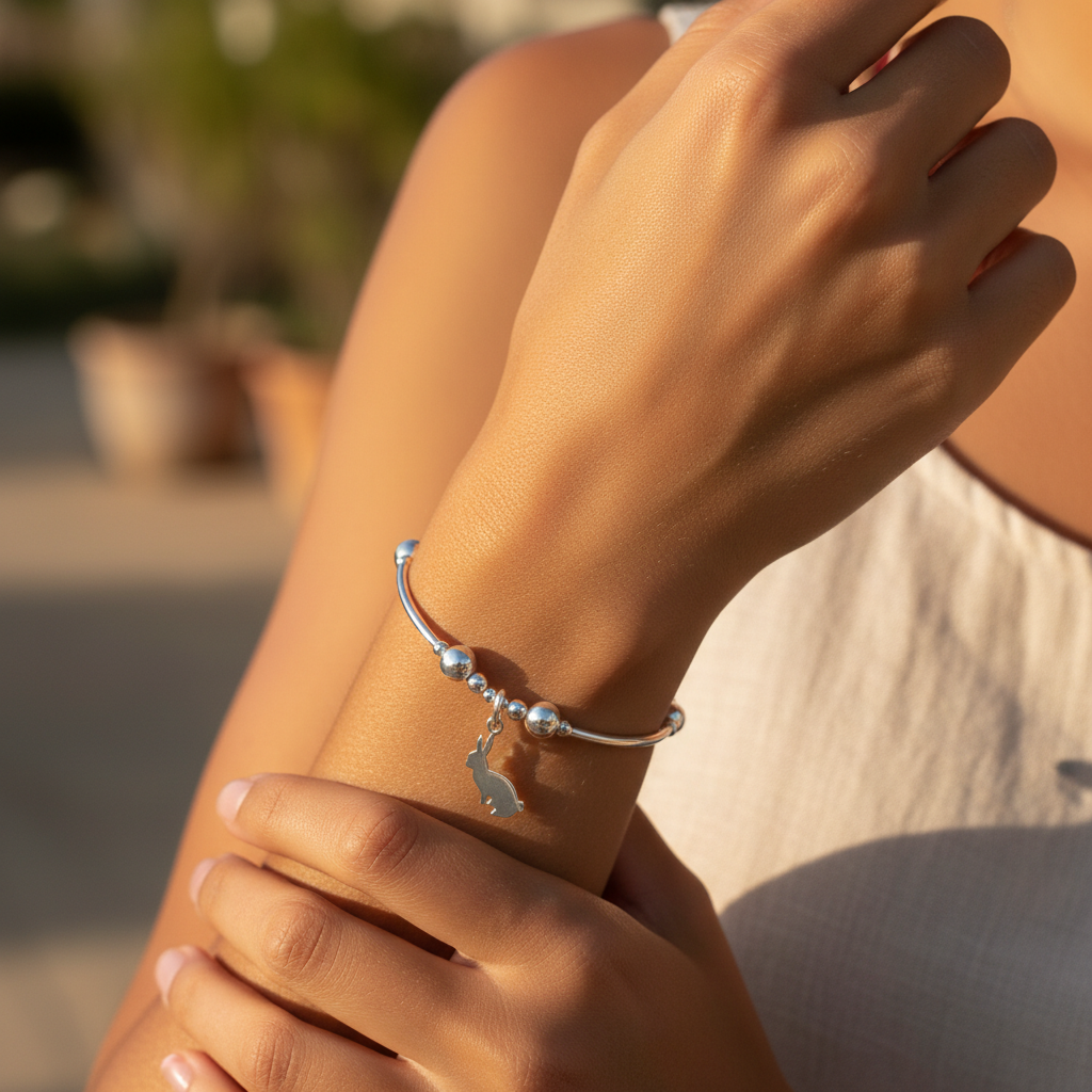 Model wearing a Rabbit Charm Women's Sterling Silver Stacking Bracelet by My Silver Wish