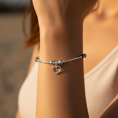 Heart Charm Rainbow Crystals Sterling Silver Women's Stacking Bracelet
