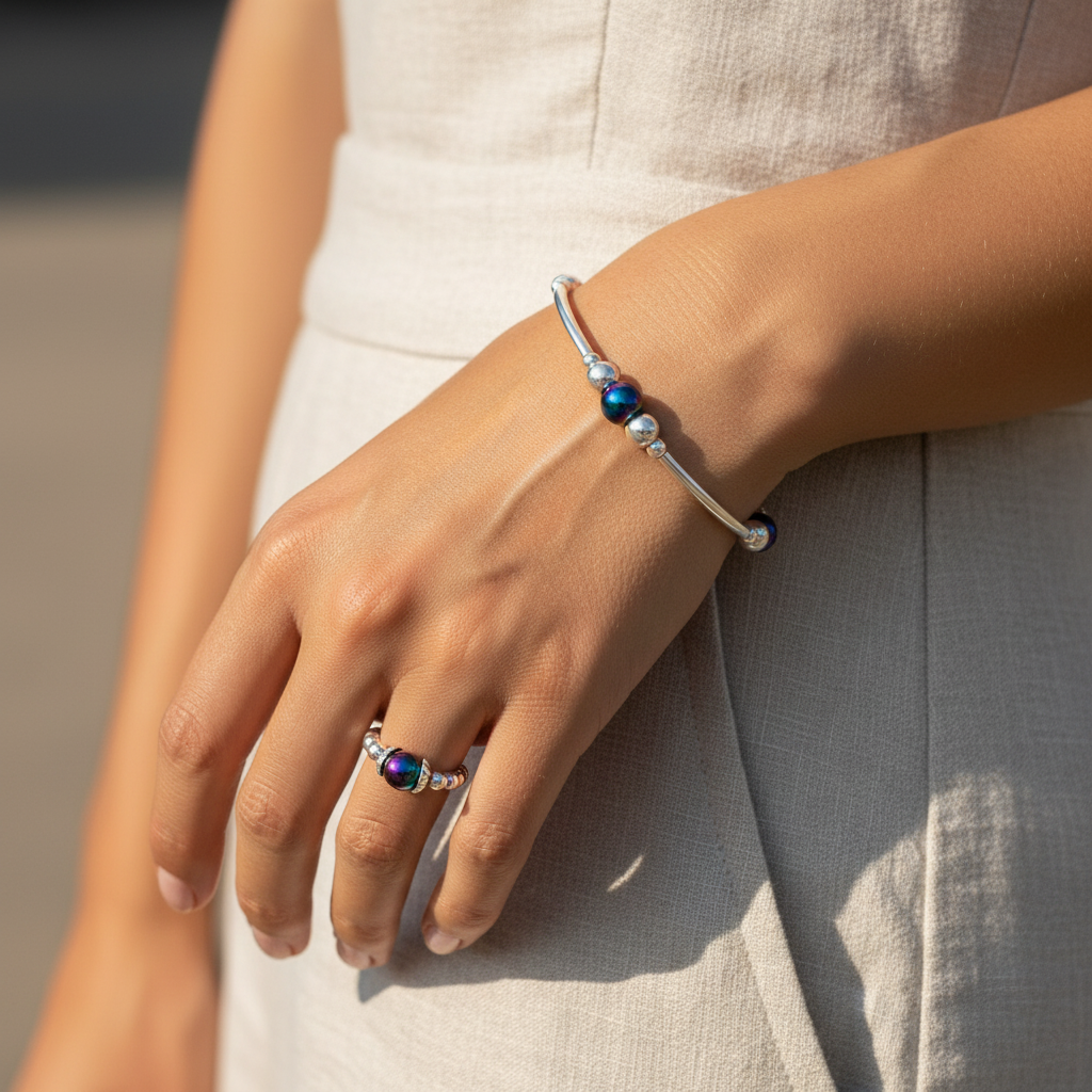 Model wearing a Rainbow hematite beaded sterling silver women's stacking bracelet & ring set