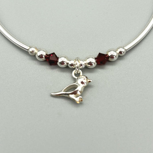 Robin charm red crystal sterling silver stacking bracelet for her