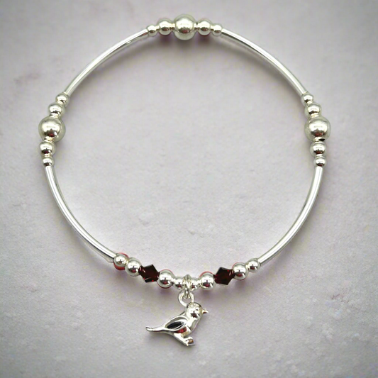 Robin charm red crystal sterling silver stacking bracelet for her