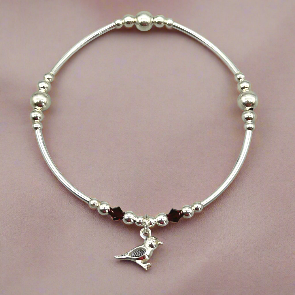 Robin charm red crystal sterling silver stacking bracelet for her by My Silver Wish