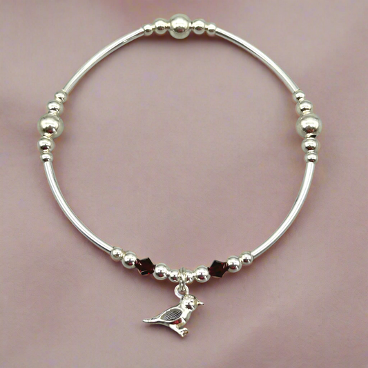Robin charm red crystal sterling silver stacking bracelet for her by My Silver Wish