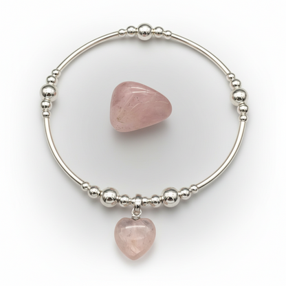 Rose quartz solid heart charm sterling silver hand-made women's stacking bracelet by My Silver Wish