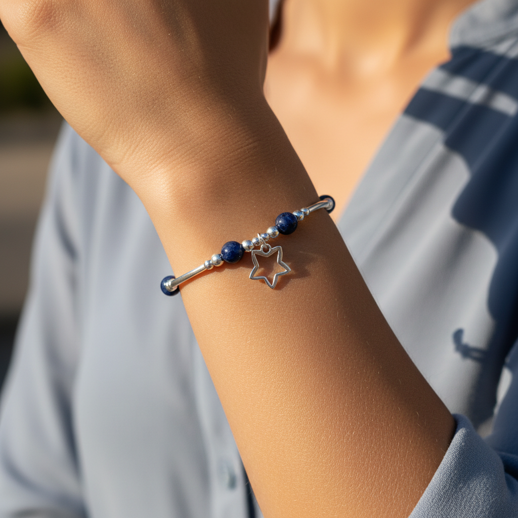Model wearing a Star charm sodalite healing stone &  sterling silver beads women's stacking bracelet by My Silver Wish