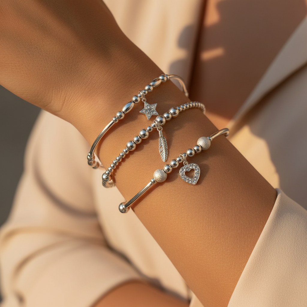 "Wish come true" Women's Sterling Silver Stacking Charm Bracelet Set by My Silver Wish