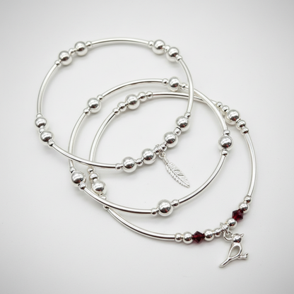Loved Ones are Near when Feathers and Robins are Near, silver stacking bracelet set by My Silver Wish