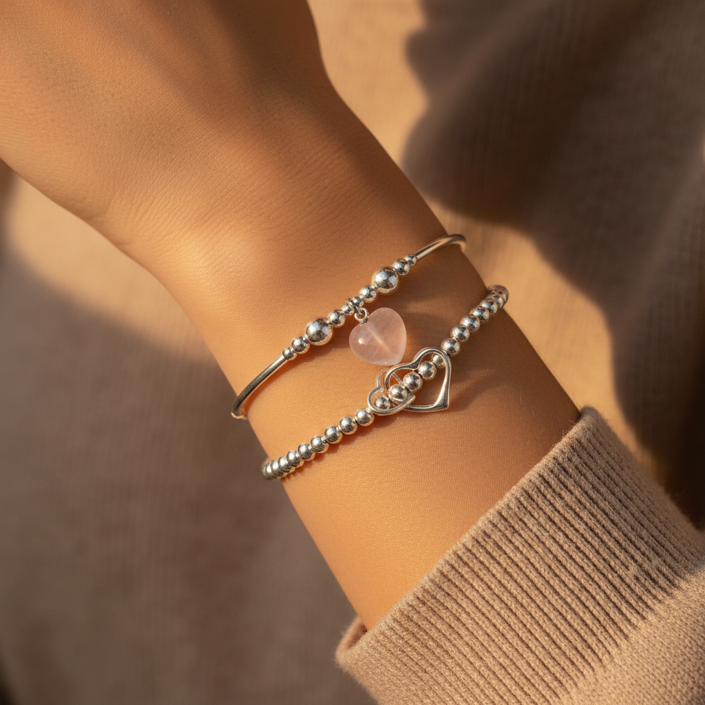 Model wearing a  Rose quartz heart & sterling silver twin heart charms women's stacking bracelet set by My Silver Wish