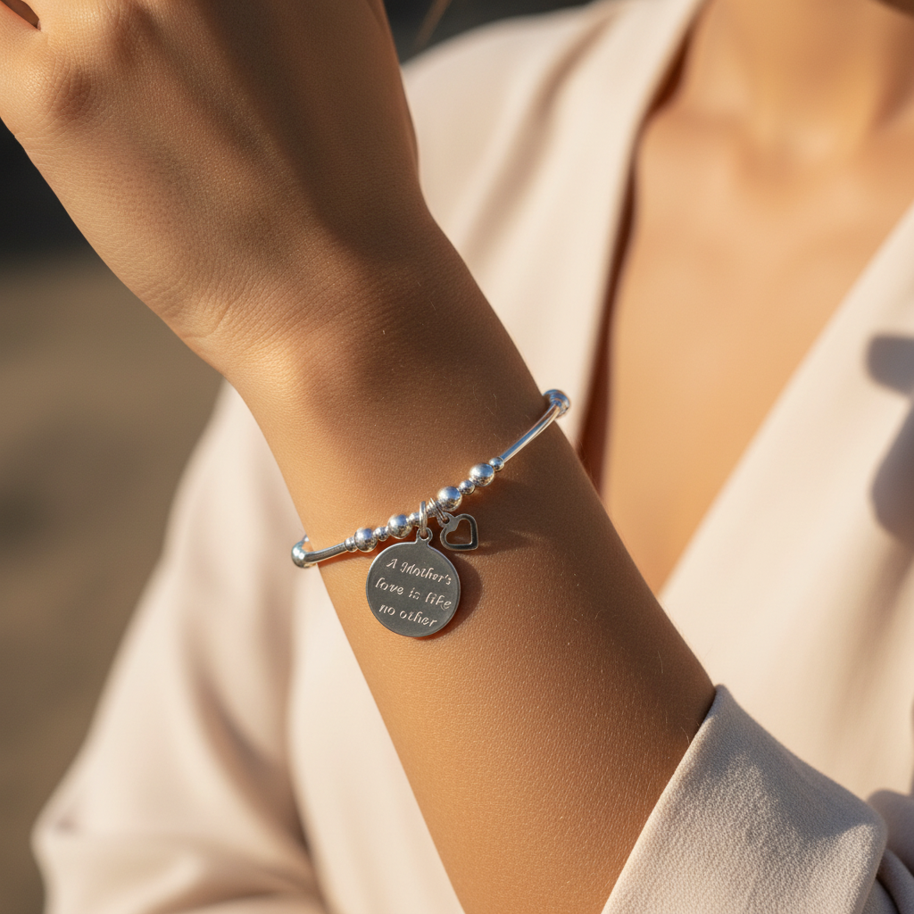 Model wearing a "Mother's Love is Like No Other" & heart charm women's sterling silver stacking bracelet by My Silver Wish