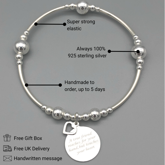 "A true friend reaches for your hand, but touches your heart" women's sterling silver stacking bracelet by My Silver Wish