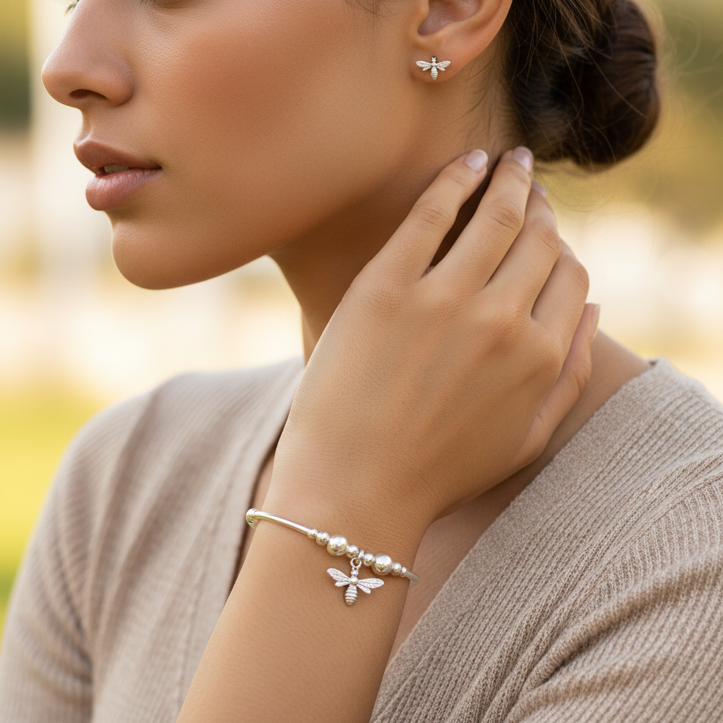 Model wearing a Bee charm sterling silver stacking bracelet and Bee Charm silver stud earrings gift set by My Silver Wish