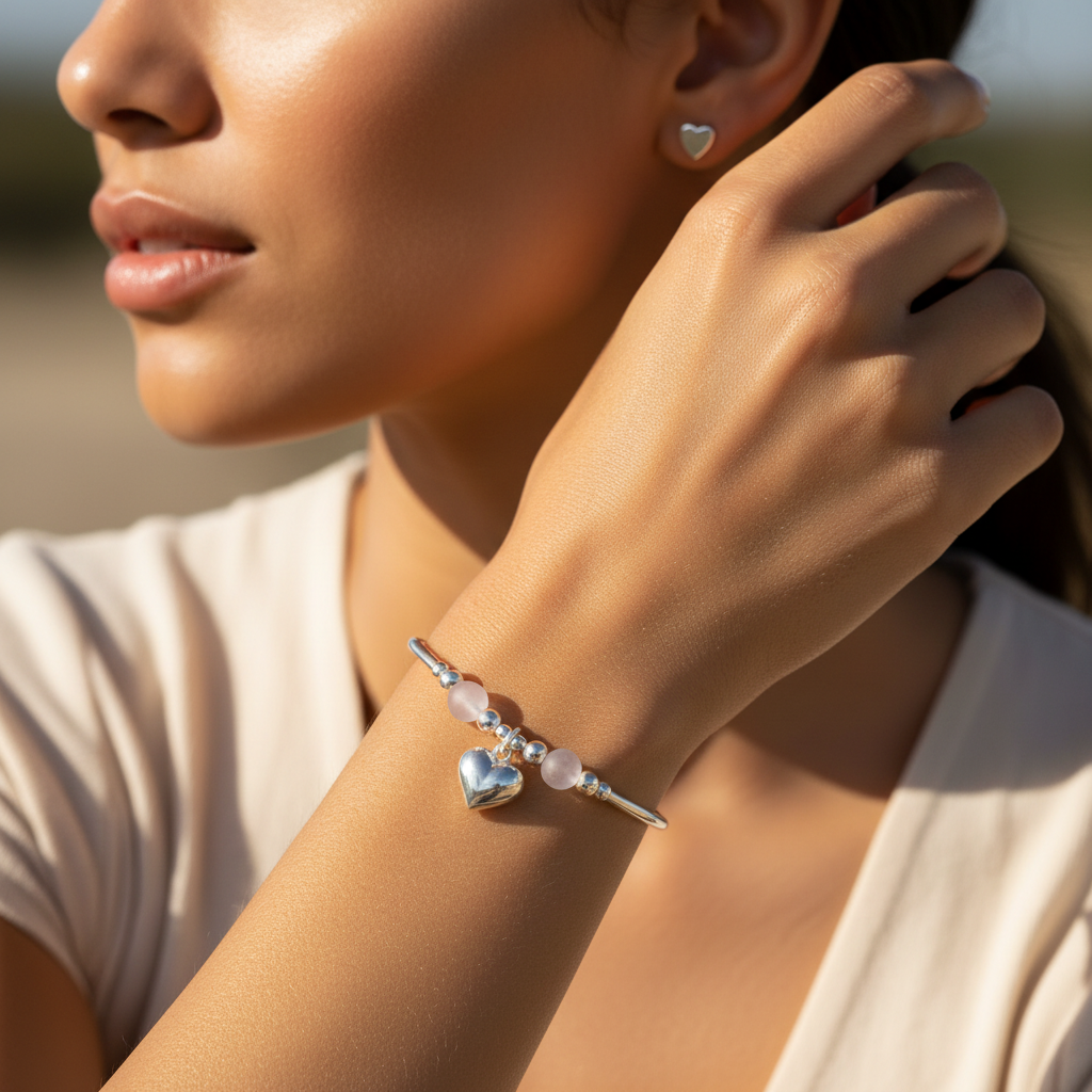 Model wearing a Puff heart charm sterling silver and Rose Quartz hand-made women's stacking bracelet and earring gift set by My Silver Wish