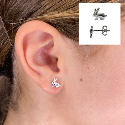 Closeup of Rabbit sterling silver stud earrings by My Silver Wish