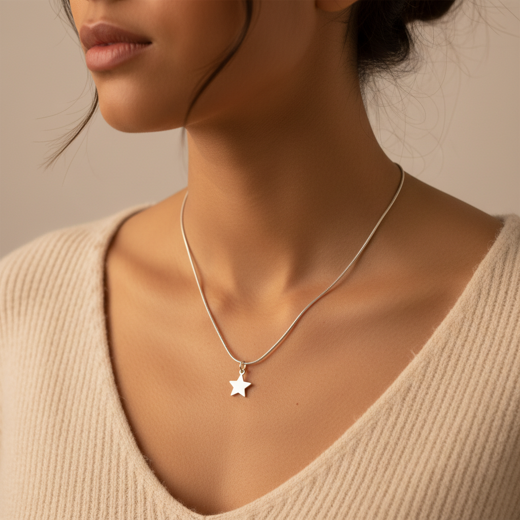 Model wearing a Sterling Silver Necklace with Star Pendant by My Silver Wish