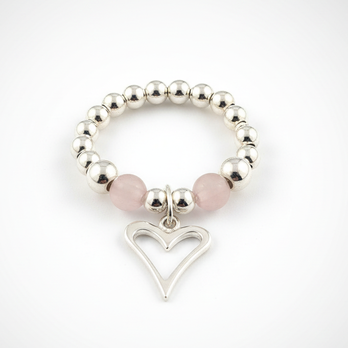 Open heart rose quartz & sterling silver bead women's stacking charm ring by My Silver Wish