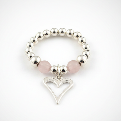 Open heart rose quartz & sterling silver bead women's stacking charm ring by My Silver Wish