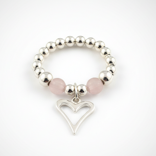Open heart rose quartz & sterling silver bead women's stacking charm ring by My Silver Wish