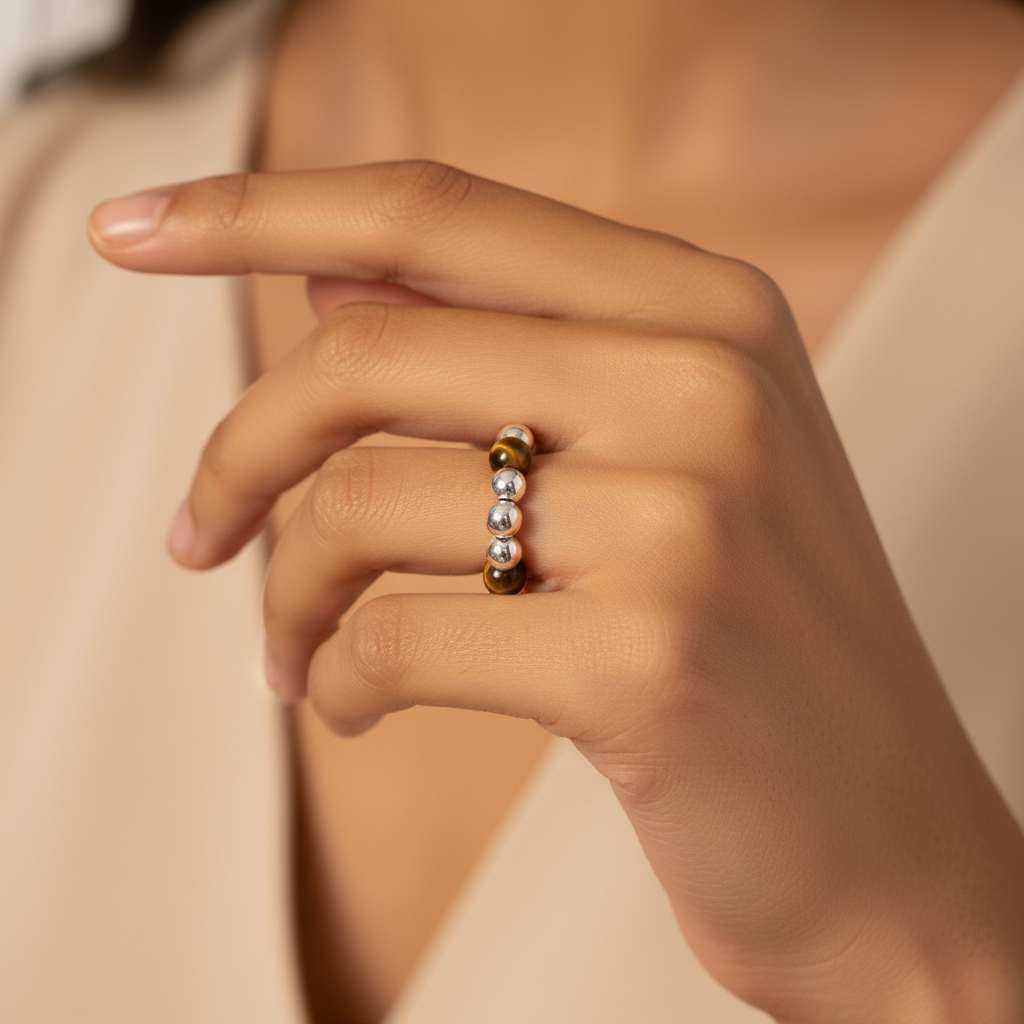Model wearing a Tiger's eye & sterling silver beads women's stacking charm ring by My Silver Wish
