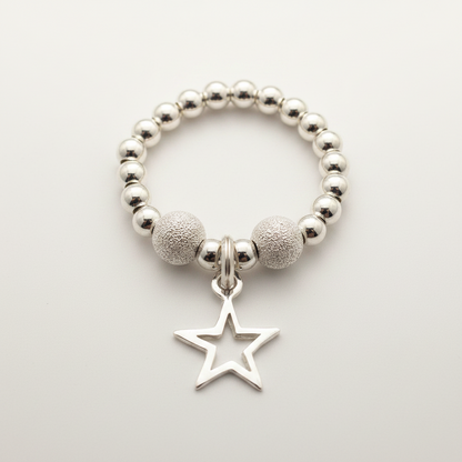 Star charm sterling silver frosted beads women's stacking ring by My Silver Wish