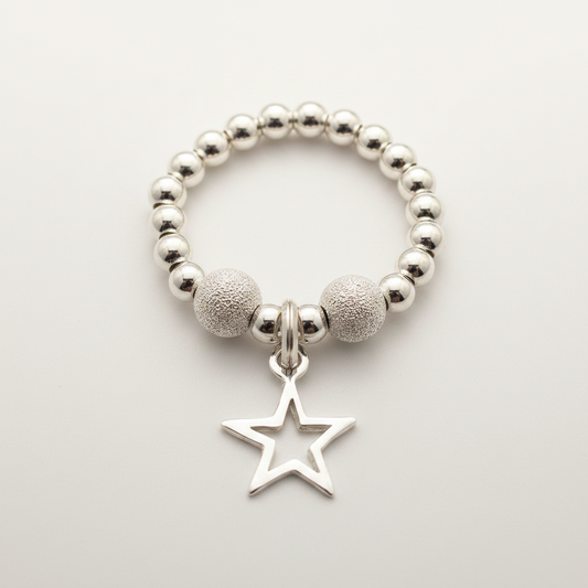 Star charm sterling silver frosted beads women's stacking ring by My Silver Wish