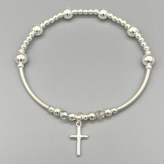 Cross Charm & Crystal Beads Sterling Silver Stacking Bracelet for her by My Silver Wish