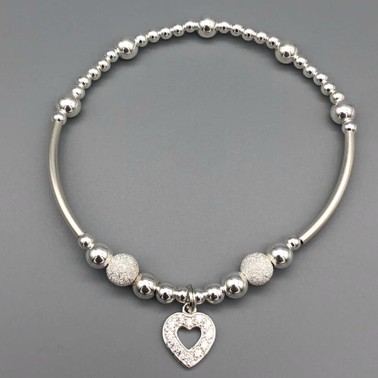 Diamond heart charm starburst beads sterling silver hand-made women's stacking bracelet by My Silver Wish