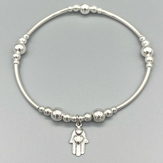 Hamsa hand hearts charm sterling silver stacking bracelet for her by My Silver Wish