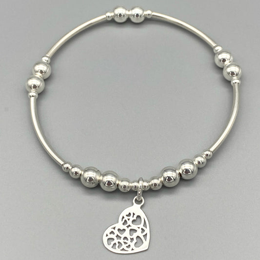Heart charm filigree sterling silver hand-made women's stacking bracelet by My Silver Wish