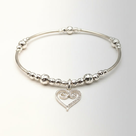 Scroll heart charm sterling silver hand-made women's stacking bracelet by My Silver Wish