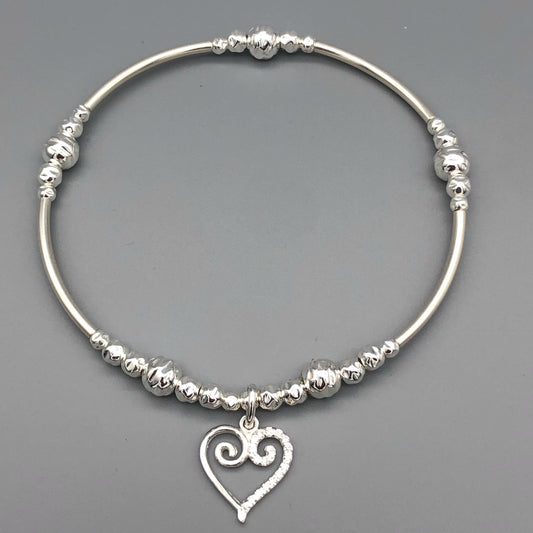 Scroll heart charm sterling silver hand-made women's stacking bracelet by My Silver Wish