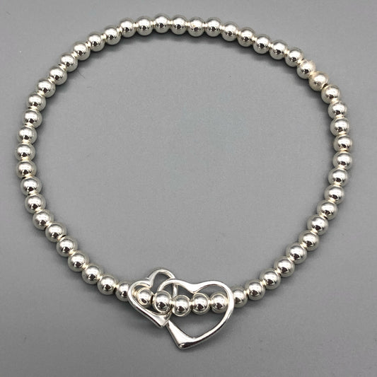 Interlinked open heart charm sterling silver hand-made women's stacking bracelet