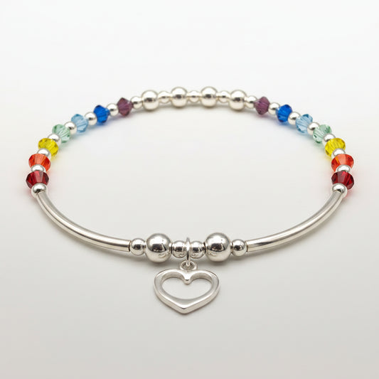 Heart Charm Rainbow Crystals Sterling Silver Women's Stacking Bracelet by My Silver Wish