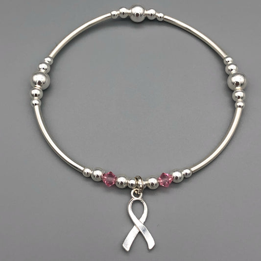 Breast Cancer Awareness Ribbon charm sterling silver women's stacking bracelet by My Silver Wish