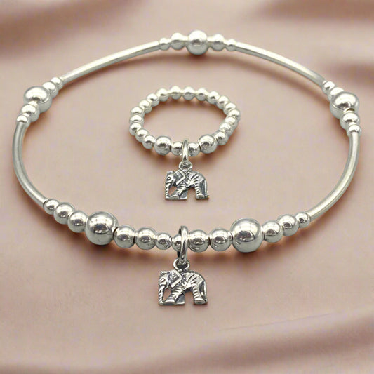 Elephant charm sterling silver women's stacking bracelet & stack ring set by My Silver Wish