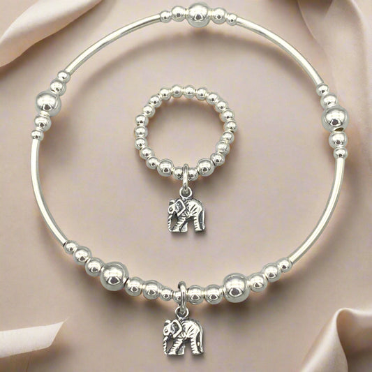 Elephant charm sterling silver women's stacking bracelet & stack ring set by My Silver Wish