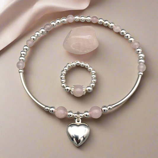 Heart charm sterling silver and rose quartz women's stacking bracelet & ring set by My Silver Wish