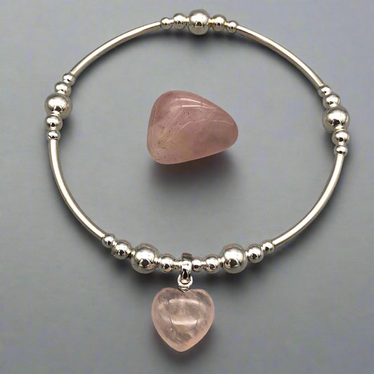 Rose quartz solid heart charm sterling silver hand-made women's stacking bracelet