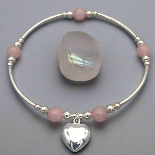 Rose quartz solid heart charm sterling silver hand-made stacking bracelet for her by My Silver Wish