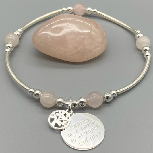 "Family is a circle of strength & love" charm rose quartz women's sterling silver stacking bracelet by My Silver Wish