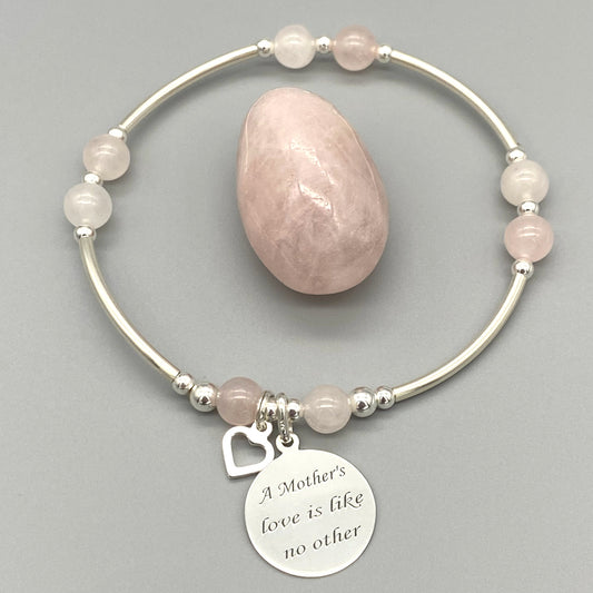 "Mother's Love is Like No Other" heart charm silver rose quartz women's stacking bracelet by My Silver Wish