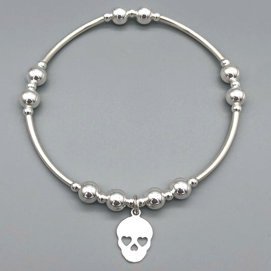 Skull charm sterling silver hand-made women's stacking bracelet by My Silver Wish