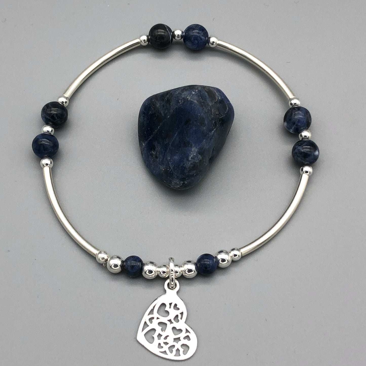 Heart charm filigree sterling silver & sodalite gemstone women's stacking bracelet by My Silver Wish